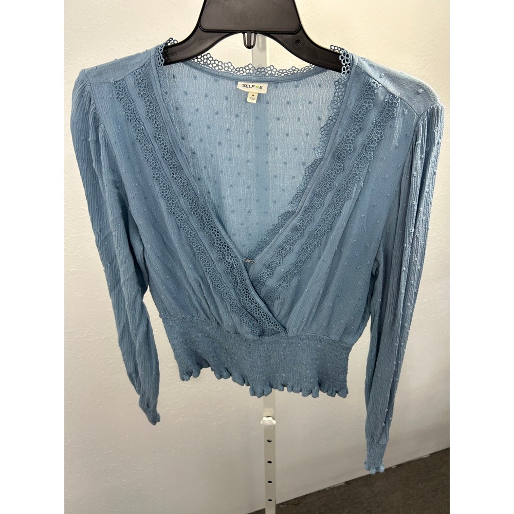 Selfie Blue Swiss Dot Crochet‎ Trim Smocked Waist Surplice Top Medium